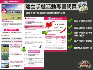 建立手機活動專屬網頁
讓專業的手機網頁來加強媒體間的結合


                    適合手機閱讀格式

                    完整統計成效數據

                    提供手機折價序號，
                    環保+促購

                    導入社群行動連結

                    HTML 5網站特效
 