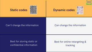 Static codes Dynamic codes
Can't change the information Can change the information
Best for storing static or
confidential information
Best for online retargeting &
tracking
 