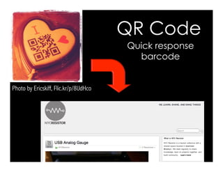 Photo by Ericskiff, Flic.kr/p/8UdHco
QR Code
Quick response
barcode