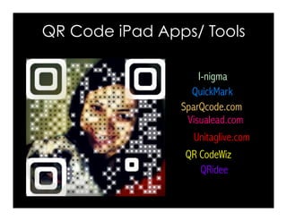 QuickMark
I-nigma
SparQcode.com
QR CodeWiz
QRidee
Unitaglive.com
Visualead.com
QR Code iPad Apps/ Tools