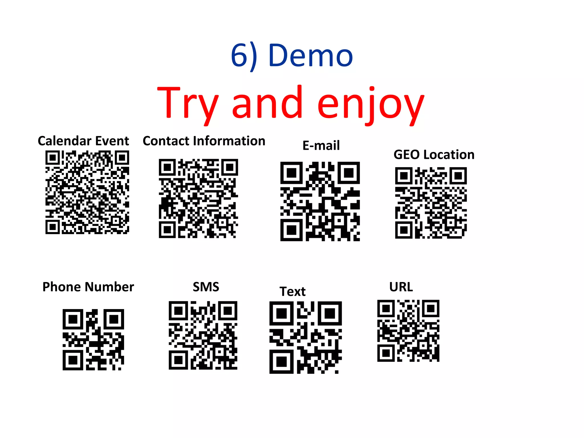 6) Demo Try and enjoy Calendar Event Contact Information E-mail GEO Location Phone Number SMS Text URL 
