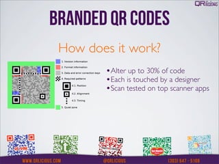 BRANDED QR CODES
 How does it work?
        •Alter up to 30% of code
        •Each is touched by a designer
        •Scan tested on top scanner apps
 