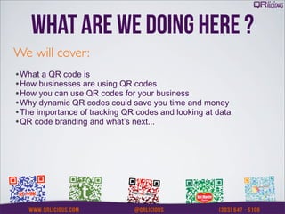 WHAT ARE WE DOING HERE ?
We will cover:
•What a QR code is
•How businesses are using QR codes
•How you can use QR codes for your business
•Why dynamic QR codes could save you time and money
•The importance of tracking QR codes and looking at data
•QR code branding and what’s next...
 