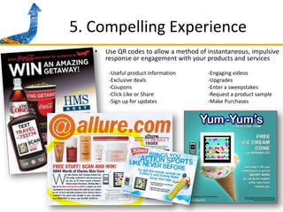 5. Compelling ExperienceUse QR codes to allow a method of instantaneous, impulsive response or engagement with your products and services-Useful product information		-Engaging videos-Exclusive deals			-Upgrades-Coupons			-Enter a sweepstakes-Click Like or Share		-Request a product sample-Sign up for updates		-Make Purchases