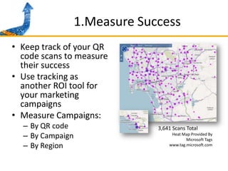 1.Measure Success Keep track of your QR code scans to measure their successUse tracking as another ROI tool for your marketing campaignsMeasure Campaigns:By QR codeBy CampaignBy Region3,641 Scans TotalHeat Map Provided By Microsoft Tags www.tag.microsoft.com