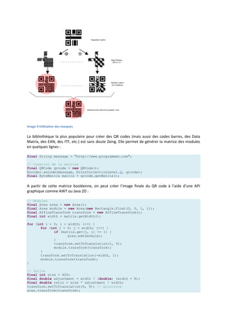 Image 4 Utilisation des masques
La bibliothèque la plus populaire pour créer des QR codes (mais aussi des codes barres, des Data
Matrix, des EAN, des ITF, etc.) est sans doute Zxing. Elle permet de générer la matrice des modules
en quelques lignes :
final String message = "http://www.programmez.com";
// Creation de la matrice
final QRCode qrcode = new QRCode();
Encoder.encode(message, ErrorCorrectionLevel.Q, qrcode);
final ByteMatrix matrix = qrcode.getMatrix();
A partir de cette matrice booléenne, on peut créer l’image finale du QR code à l’aide d’une API
graphique comme AWT ou Java 2D :
// Modules
final Area area = new Area();
final Area module = new Area(new Rectangle.Float(0, 0, 1, 1));
final AffineTransform transform = new AffineTransform();
final int width = matrix.getWidth();
for (int i = 0; i < width; i++) {
for (int j = 0; j < width; j++) {
if (matrix.get(j, i) == 1) {
area.add(module);
}
transform.setToTranslation(1, 0);
module.transform(transform);
}
transform.setToTranslation(-width, 1);
module.transform(transform);
}
// Taille
final int size = 400;
final double adjustment = width / (double) (width + 8);
final double ratio = size * adjustment / width;
transform.setToTranslation(4, 4); // Quietzone
area.transform(transform);
 
