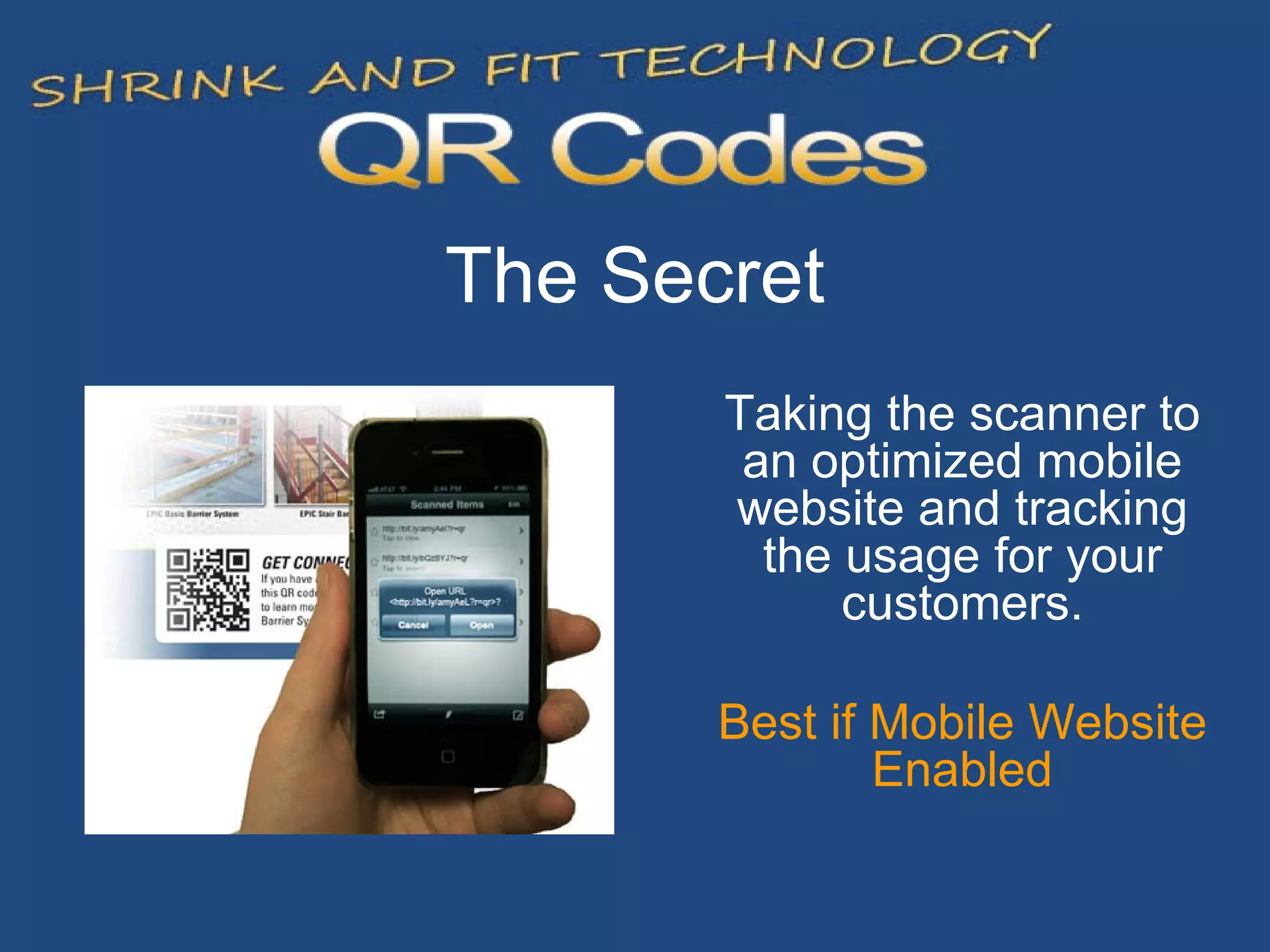 The Secret Taking the scanner to an optimized mobile website and tracking the usage for your customers. Best if Mobile Website Enabled 