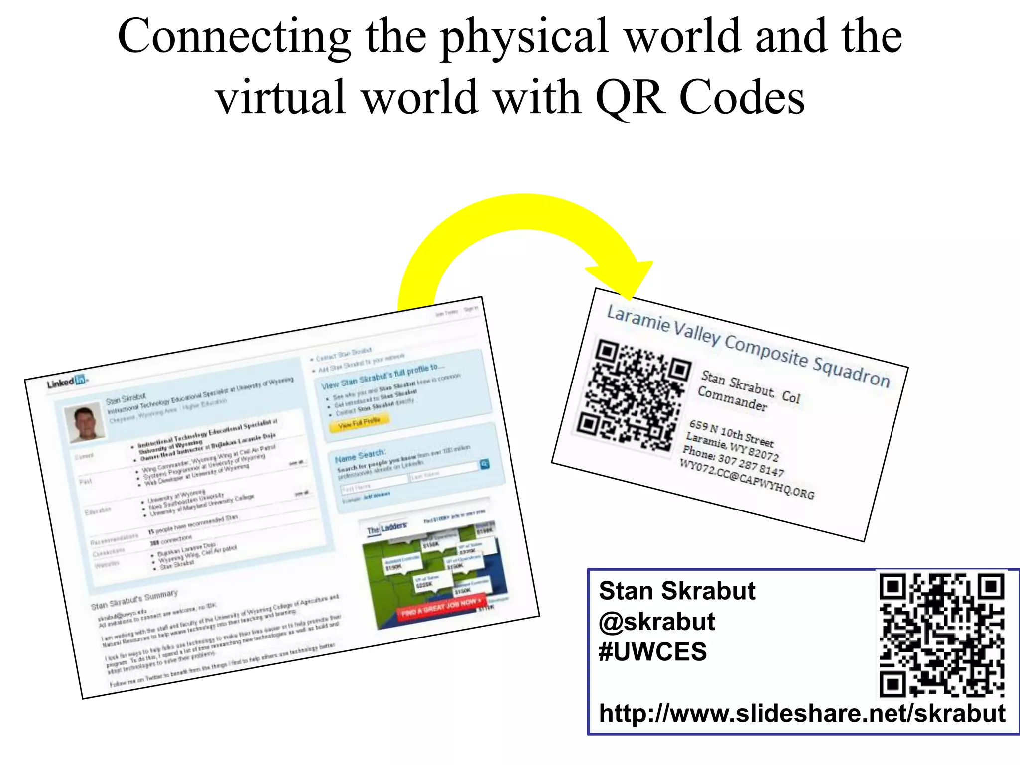 Connecting the physical world and the virtual world with QR CodesStan Skrabut@skrabut#UWCEShttp://www.slideshare.net/skrabut