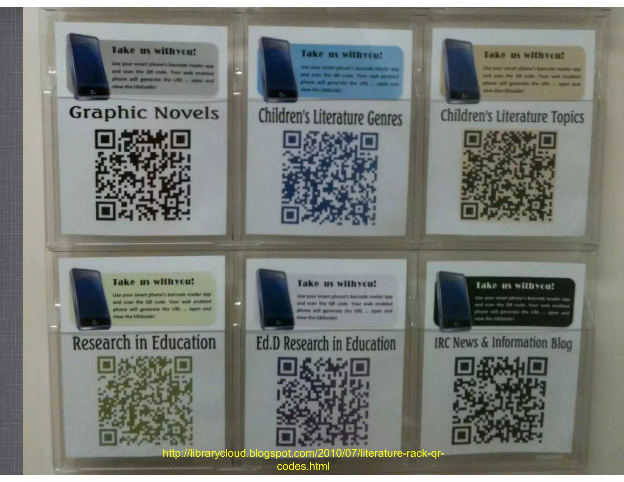 http://librarycloud.blogspot.com/2010/07/literature-rack-qr-
                         codes.html
 
