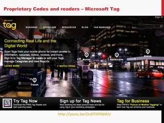 Proprietary Codes and readers – Microsoft Tag http://youtu.be/OuDTlDfAbWU 