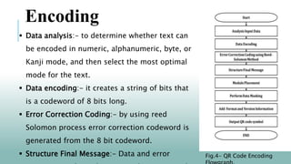  Data analysis:- to determine whether text can
be encoded in numeric, alphanumeric, byte, or
Kanji mode, and then select the most optimal
mode for the text.
 Data encoding:- it creates a string of bits that
is a codeword of 8 bits long.
 Error Correction Coding:- by using reed
Solomon process error correction codeword is
generated from the 8 bit codeword.
 Structure Final Message:- Data and error
Encoding
Fig.4- QR Code Encoding
 