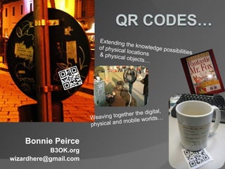 Bonnie Peirce B3OK.org [email_address] Extending the knowledge possibilities of physical locations & physical objects… Weaving together the digital, physical and mobile worlds… 