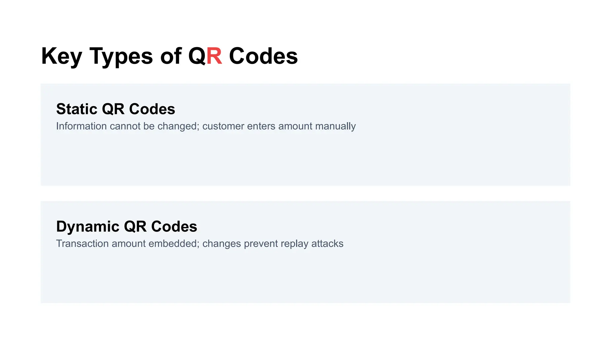 Key Types of QR Codes
Static QR Codes
Information cannot be changed; customer enters amount manually
Dynamic QR Codes
Transaction amount embedded; changes prevent replay attacks
 