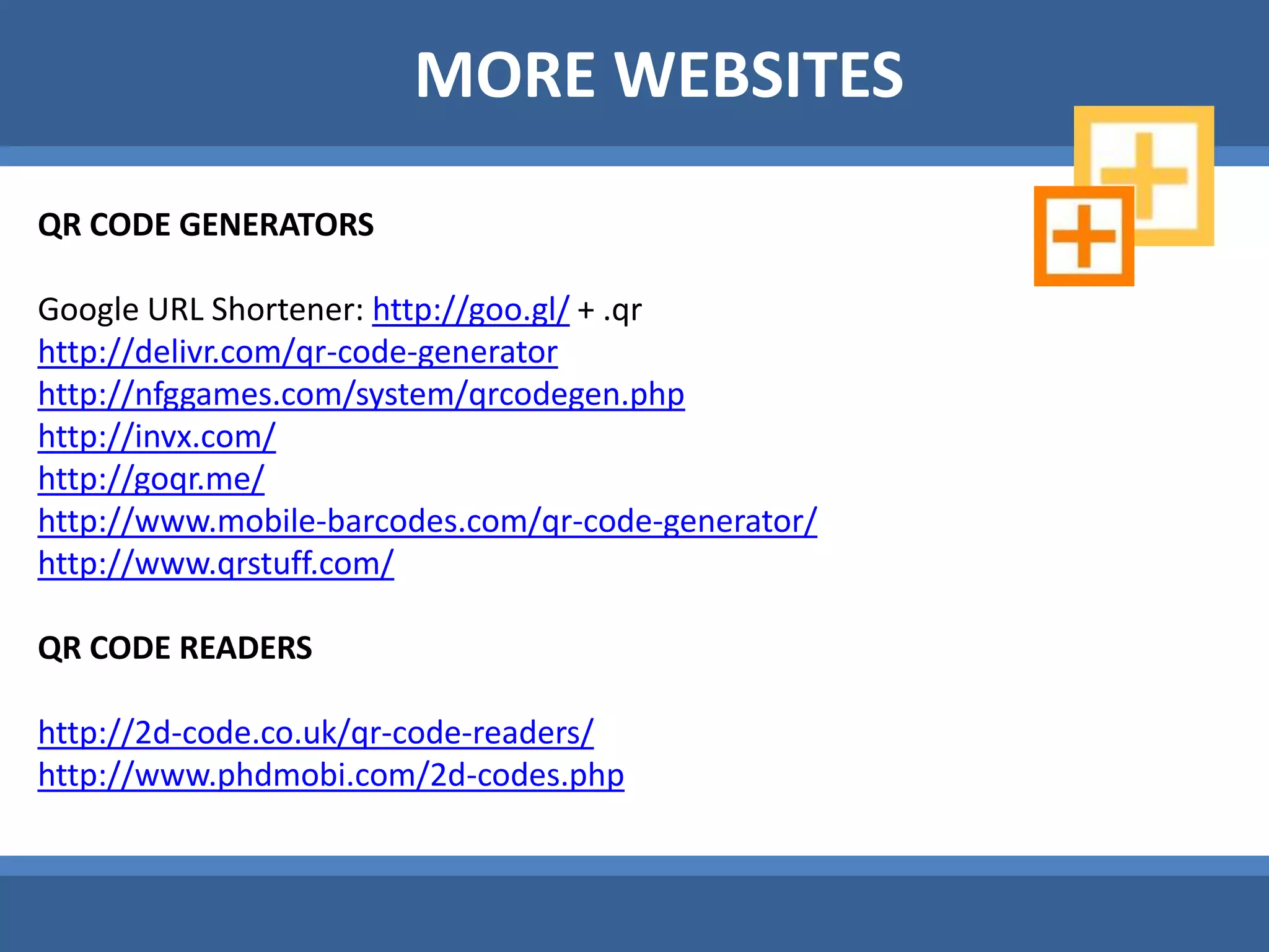 QR CODES IN LIBRARIESM-LibaryChoy, F. C. (2010). Digital library services : towards mobile learning. Seminar on E-books as Learning Resources in Chinese Libraries in Asia (13 Jan 2010 : Kaohsiung, Taiwan : National Kaohsiung University of AppliedScience)