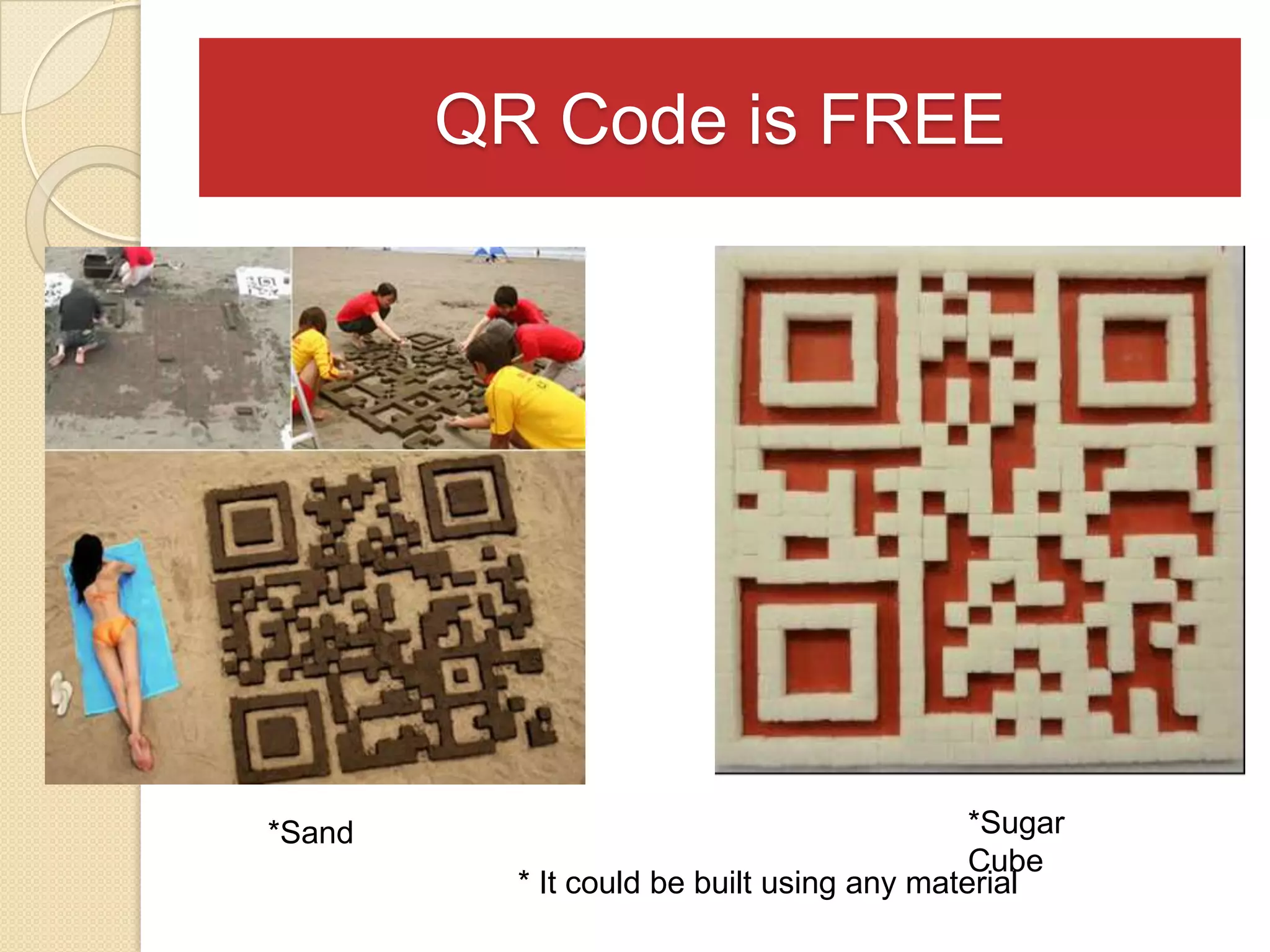 QR Code is FREE




*Sand                                       *Sugar
                                            Cube
          * It could be built using any material
 