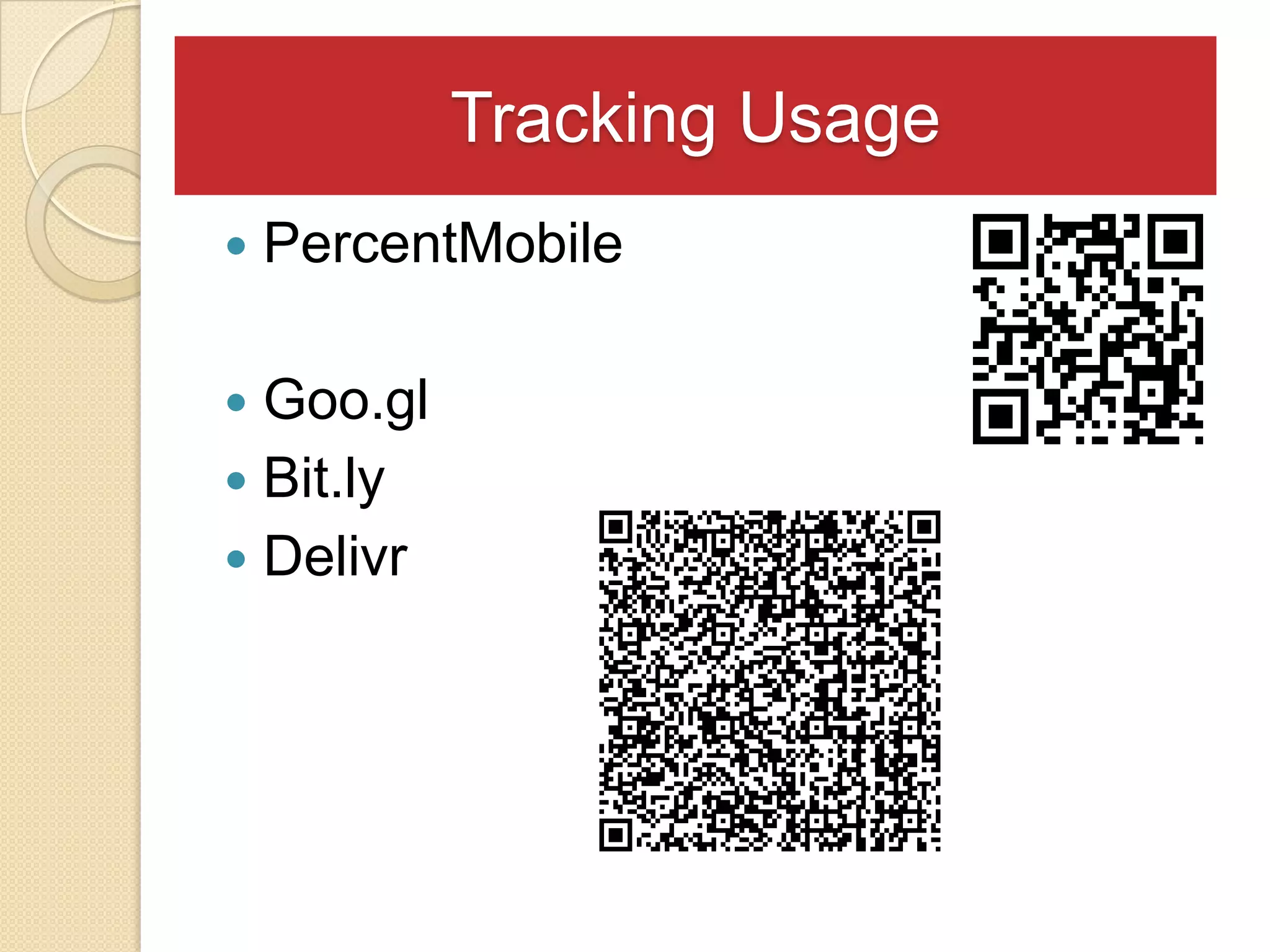 Tracking Usage
   PercentMobile

 Goo.gl
 Bit.ly
 Delivr
 