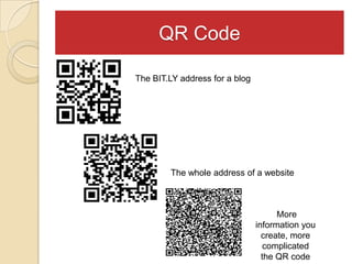 QR Code

The BIT.LY address for a blog




        The whole address of a website



                                      More
                                information you
                                  create, more
                                   complicated
                                  the QR code
 