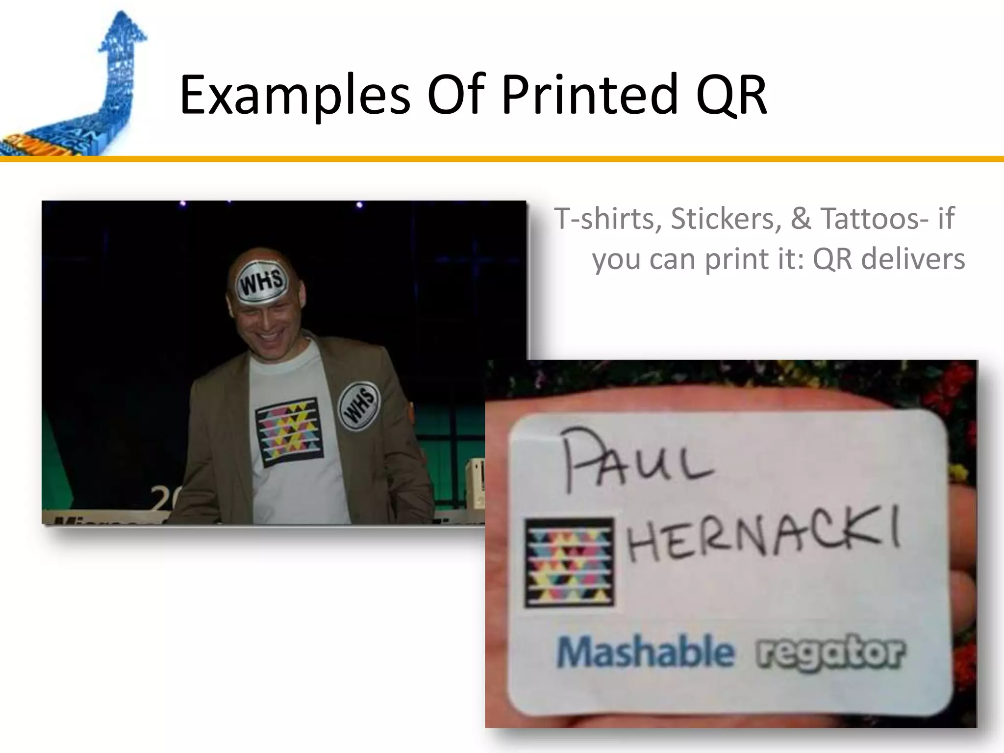 Examples Of Printed QRT-shirts, Stickers, & Tattoos- if you can print it: QR delivers