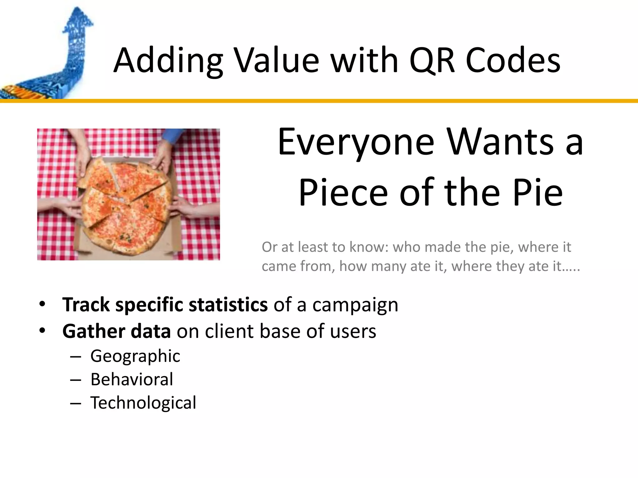 Adding Value with QR CodesEveryone Wants a Piece of the PieOr at least to know: who made the pie, where it came from, how many ate it, where they ate it…..Track specific statistics of a campaignGather data on client base of usersGeographicBehavioralTechnological
