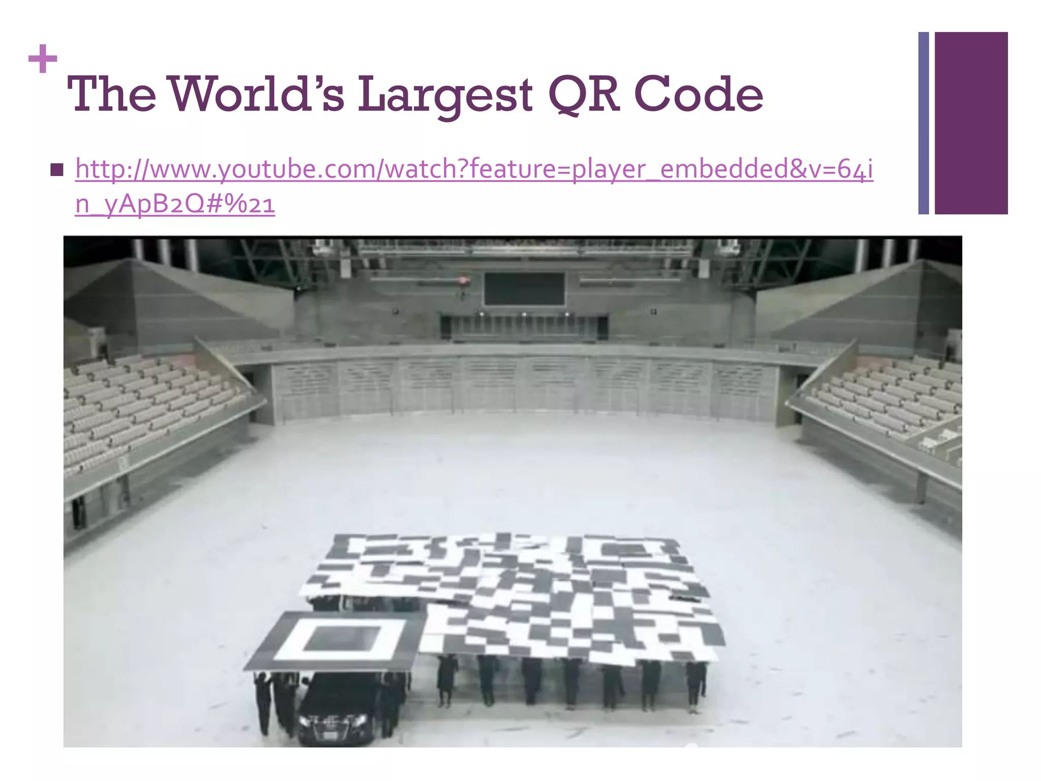 +


The World’s Largest QR Code
http://www.youtube.com/watch?feature=player_embedded&v=64i
n_yApB2Q#%21

 