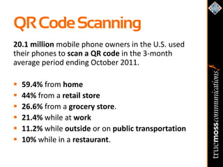 QR Code Scanning
20.1 million mobile phone owners in the U.S. used
their phones to scan a QR code in the 3-month
average period ending October 2011.

   59.4% from home
   44% from a retail store
   26.6% from a grocery store.
   21.4% while at work
   11.2% while outside or on public transportation
   10% while in a restaurant.
 