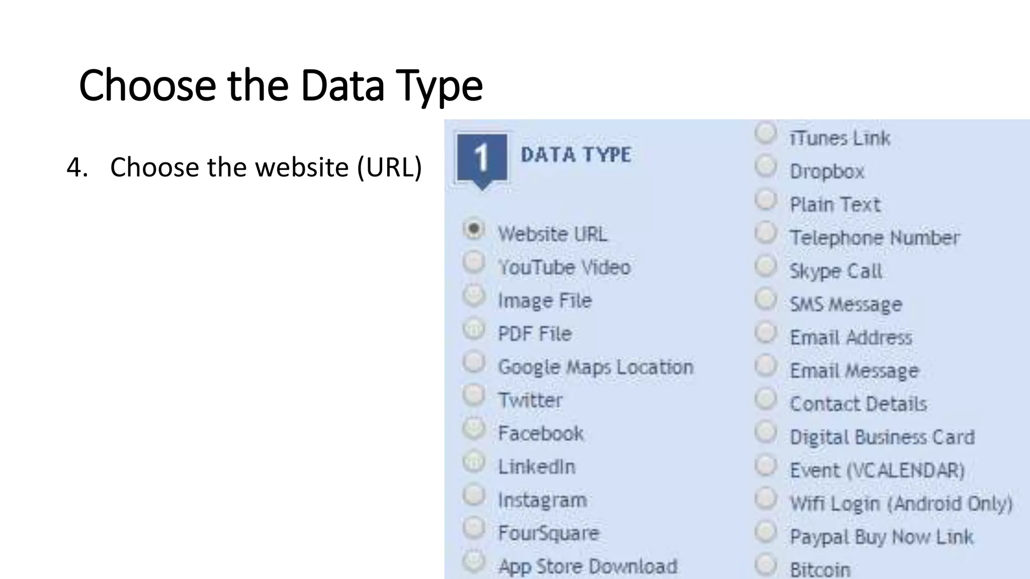 Choose the Data Type
4. Choose the website (URL)
 