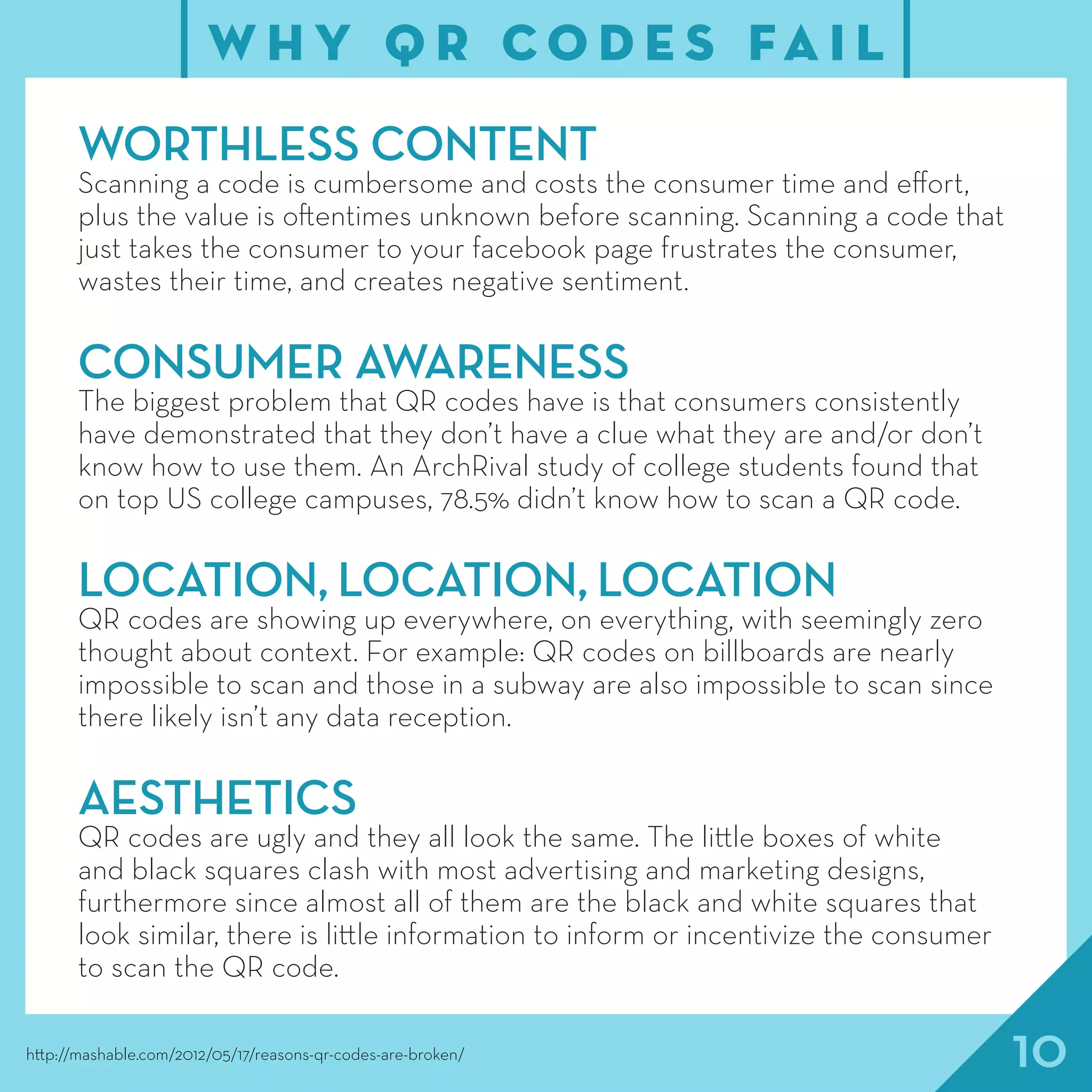 10
WORTHLESS CONTENT
Scanning a code is cumbersome and costs the consumer time and effort,
plus the value is oftentimes unknown before scanning. Scanning a code that
just takes the consumer to your facebook page frustrates the consumer,
wastes their time, and creates negative sentiment.
CONSUMER AWARENESS
The biggest problem that QR codes have is that consumers consistently
have demonstrated that they don’t have a clue what they are and/or don’t
know how to use them. An ArchRival study of college students found that
on top US college campuses, 78.5% didn’t know how to scan a QR code.
LOCATION, LOCATION, LOCATION
QR codes are showing up everywhere, on everything, with seemingly zero
thought about context. For example: QR codes on billboards are nearly
impossible to scan and those in a subway are also impossible to scan since
there likely isn’t any data reception.
AESTHETICS
QR codes are ugly and they all look the same. The little boxes of white
and black squares clash with most advertising and marketing designs,
furthermore since almost all of them are the black and white squares that
look similar, there is little information to inform or incentivize the consumer
to scan the QR code.
http://mashable.com/2012/05/17/reasons-qr-codes-are-broken/
W H Y Q R C O D E S FA I L
 