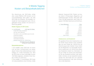 # Mobile Tagging                                                        # Mobile Tagging
                                                                                  Kosten und Beispielkalkulationen
          Kosten und Beispielkalkulationen

     Die Abrechnung der QR-Codes erfolgt                   Website, Facebook-Profil, Twitter) und las-
     über unsere Plattform QR Connect und ist              sen diese in Printanzeigen, Magazinen, auf
     nutzungsabhängig: Ganz gleich, wie viele              Außenwerbungen drucken. Wird jeder QR-
     QR-Codes Sie einsetzen, Sie bezahlen nur,             Code 100 Mal eingescannt, alle Codes ins-
     sobald ein Code eingescannt wird. 100 an-             gesamt 1000 Mal, berechnen wir 20,00 Euro.
     gefangene Scans werden mit 2,00 Euro in
     Rechnung gestellt.                                     # Scans (Beispiele)                    Preis
                                                                           100                    2,00 €
     Mobile Tagging mit QR-Codes
                                                                           200                    4,00 €
     # Je 100 Scans*         2,00 € zzgl. 19 % Mwst.                       500                   10,00 €
       Anzahl QR-Codes unbegrenzt                                        1.000                   20,00 €
        kein Abo, keine Werbung                                         10.000                  200,00 €
        Sie zahlen nur das, was effektiv genutzt wurde                  50.000                1.000,00 €
        ausführliche Statistik                                      über 50.000               1.000,00 €
        Kategorienverwaltung
        individuelles Kostenlimit                          Kostenschutz und Kostenlimit
        globales Kostenlimit von 1.000,00 Euro
                                                           Wir gewähren Ihnen einen Kostenschutz, der
                      * Ohne Berechnung für 4 Monate bei
                           Auftrag einer mobilen Website   bei 50 000 Scans einsetzt. Ihnen entstehen
                                                           also nie mehr Kosten als 1.000,00 Euro (je
     Beispielkalkulationen                                 Abrechnungsmonat). Darüber hinaus haben
     1. Sie erstellen einen QR-Code mit einem              Sie die Möglichkeit, ein individuelles Kosten-
     Link auf Ihren YouTube-Kanal und setzen               limit zu bestimmen (z. B. 200,00 Euro). Bevor
     diesen Code in Ihrer Außenwerbung in einer            das Kostenlimit erreicht ist, informieren wir
     Auflage von 10 000 Exemplaren ein. Wird               Sie per E-Mail. So können Sie entscheiden,
     der QR-Code von Ihren potenziellen Kunden             ob Sie das Kostenlimit erhöhen oder beibe-
     1000 Mal aufgerufen, entstehen Ihnen Kos-             halten möchten. Ist das Kostenlimit erreicht,
     ten in Höhe von 20,00 Euro.                           werden Ihre QR-Codes (bis zum nächsten
     2. Sie erstellen 10 verschiedene QR-Codes             Abrechnungszeitraum oder einer Erhöhung
     mit unterschiedlichen Links (YouTube, mobile          des Limits) deaktiviert.

14                                                                                                                   15
 