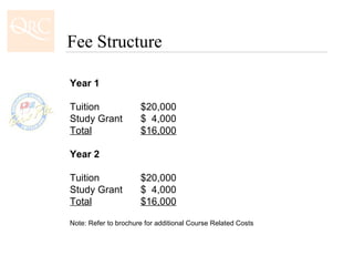 Fee Structure Year 1 Tuition $20,000 Study Grant $  4,000 Total $16,000 Year 2 Tuition $20,000 Study Grant $  4,000 Total $16,000 Note: Refer to brochure for additional Course Related Costs 