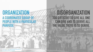 ORGANIZATION
A COORDINATED GROUP OF
PEOPLE WITH A PARTICULAR
PURPOSE.
DISORGANIZATION
TOO DIFFICULT TO GIVE ALL ONE
CAN GIVE AND TO DERIVE ALL
THE VALUE THERE IS TO DERIVE.
Public domain image https://commons.wikimedia.org/
wiki/File:Barn_raising_in_Lansing.jpg
 