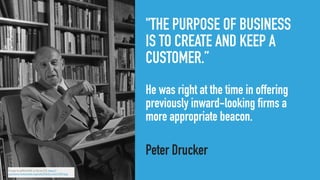 "THE PURPOSE OF BUSINESS
IS TO CREATE AND KEEP A
CUSTOMER.”
He was right at the time in offering
previously inward-looking firms a
more appropriate beacon.
Peter Drucker
Image by jeffmcneill, cc-by-sa 2.0, https://
commons.wikimedia.org/wiki/File:Drucker5789.jpg
 