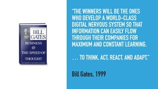 “THE WINNERS WILL BE THE ONES
WHO DEVELOP A WORLD-CLASS
DIGITAL NERVOUS SYSTEM SO THAT
INFORMATION CAN EASILY FLOW
THROUGH THEIR COMPANIES FOR
MAXIMUM AND CONSTANT LEARNING.
… TO THINK, ACT, REACT, AND ADAPT.”
Bill Gates, 1999
 