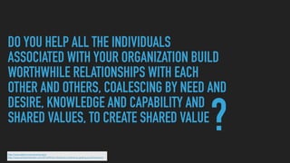DO YOU HELP ALL THE INDIVIDUALS
ASSOCIATED WITH YOUR ORGANIZATION BUILD
WORTHWHILE RELATIONSHIPS WITH EACH
OTHER AND OTHERS, COALESCING BY NEED AND
DESIRE, KNOWLEDGE AND CAPABILITY AND
SHARED VALUES, TO CREATE SHARED VALUE
http://www.attenzi.com/seventy-two/
http://www.philipsheldrake.com/2013/09/3m-thinktank-conference-getting-social-business/
?
 