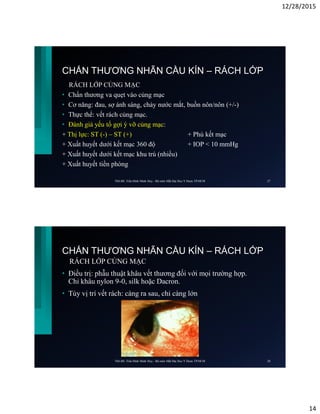 12/28/2015
14
CHẤN THƯƠNG NHÃN CẦU KÍN – RÁCH LỚP
RÁCH LỚP CỦNG MẠC
• Chấn thương va quẹt vào củng mạc
• Cơ năng: đau, sợ ánh sáng, chảy nước mắt, buồn nôn/nôn (+/-)
• Thực thể: vết rách củng mạc.
• Đánh giá yếu tố gợi ý vỡ củng mạc:
+ Thị lực: ST (-) – ST (+) + Phù kết mạc
+ Xuất huyết dưới kết mạc 360 độ + IOP < 10 mmHg
+ Xuất huyết dưới kết mạc khu trú (nhiều)
+ Xuất huyết tiền phòng
ThS.BS. Trần Đình Minh Huy - Bộ môn Mắt Đại Học Y Dược TP.HCM 27
CHẤN THƯƠNG NHÃN CẦU KÍN – RÁCH LỚP
RÁCH LỚP CỦNG MẠC
• Điều trị: phẫu thuật khâu vết thương đối với mọi trường hợp.
Chỉ khâu nylon 9-0, silk hoặc Dacron.
• Tùy vị trí vết rách: càng ra sau, chỉ càng lớn
ThS.BS. Trần Đình Minh Huy - Bộ môn Mắt Đại Học Y Dược TP.HCM 28
 