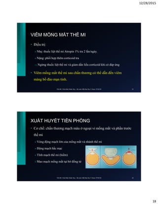 12/28/2015
18
VIÊM MỐNG MẮT THỂ MI
• Điều trị:
 Nhẹ: thuốc liệt thể mi Atropin 1% tra 2 lần/ngày.
 Nặng: phối hợp thêm corticoid tra
 Ngừng thuốc liệt thể mi và giảm dần liều corticoid khi có đáp ứng
• Viêm mống mắt thể mi sau chấn thương có thể dẫn đến viêm
màng bồ đào mạn tính.
ThS.BS. Trần Đình Minh Huy - Bộ môn Mắt Đại Học Y Dược TP.HCM 35
XUẤT HUYẾT TIỀN PHÒNG
• Cơ chế: chấn thương mạch máu ở ngoại vi mống mắt và phần trước
thể mi
 Vòng động mạch lớn của mống mắt và nhánh thể mi
 Động mạch hắc mạc
 Tĩnh mạch thể mi (hiếm)
 Mao mạch mống mắt tại bờ đồng tử
ThS.BS. Trần Đình Minh Huy - Bộ môn Mắt Đại Học Y Dược TP.HCM 36
 