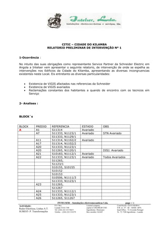 INTELSER – Instalações eléctromecaniicas Lda. page 1/ 6
Actividade:
Redes Eléctricas, Linhas A.T.
SUBEST- P. Transformações
P.O. Box
Luanda-5318-1748
Tél. (244) 222 333 944/5
Telefax – (244) 222 333279
Limited company,
capital of 200.000,00 USD
Ingombotas- Municipio
Bics member 162445
Contribuinte: 0.019.938/00-4
D.R. nr. 19 – III – SERIE -RPA
head Office : 72-Avenida Portugal
Nr. 72 /72B Ingombotas - Luanda
CITIC – CIDADE DO KILAMBA
RELATORIO PRELIMINAR DE INTERVENÇÃO Nº 1
1-Ocorrência :
No intuito das suas obrigações como representante Service Partner da Schneider Electric em
Angola a Intelser vem apresentar o seguinte relatorio, de intervenção de onde se espelha as
intervenções nos Edificios da Cidade do Kilamba, apresentando as diversas incongruencias
existentes neste Local. Eis entretanto as diversas particularidades:
 Existencia de VIGIS afactados nas referencias da Schneider
 Existencia de VIGIS avariados
 Reclamações constantes dos habitantes a quando de encontro com os tecnicos em
Serviço
2- Analises :
BLOCK´s
BLOCK PREDIO REFERENCIA ESTADO OBS
A A1 S11314 Avariado
A7 S11333, N1123/1 Avariado STN Avariado
S11333, N1129/1
A11 S11314, N1102/2 Avariado
A17 S11314, N1102/2
A20 S11333, N1123/1
A20 S11265, N1120/1 DISJ. Avariado
A21 S10183, N1112/1 Avariado
A22 S11333, N1123/1 Avariado Todos Avariados
S11265,
S1123/1
S10155, S10155
S10152
S10153
S10506, N1111/3
S11333, N1123/1
A23 S11265,
S11267
A24 S11333, N1112/1
A25 S11333, N1123/1
A26 S11265, S11267
 