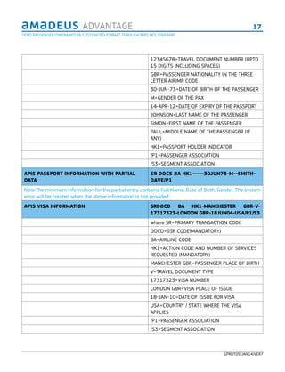 17ADVANTAGE
GPROT05/JAN14/VER7
12345678=TRAVEL DOCUMENT NUMBER (UPTO
15 DIGITS INCLUDING SPACES)
GBR=PASSENGER NATIONALITY IN THE THREE
LETTER AIRIMP CODE
30-JUN-73=DATE OF BIRTH OF THE PASSENGER
M=GENDER OF THE PAX
14-APR-12=DATE OF EXPIRY OF THE PASSPORT
JOHNSON=LAST NAME OF THE PASSENGER
SIMON=FIRST NAME OF THE PASSENGER
PAUL=MIDDLE NAME OF THE PASSENGER (IF
ANY)
HK1=PASSPORT HOLDER INDICATOR
/P1=PASSENGER ASSOCIATION
/S3=SEGMENT ASSOCIATION
APIS PASSPORT INFORMATION WITH PARTIAL
DATA
SR DOCS BA HK1-----30JUN73-M--SMITH-
DAVE/P1
Note:The minimum information for the partial entry contains-Full Name, Date of Birth, Gender. The system
error will be created when the above information is not provided.
APIS VISA INFORMATION SRDOCO BA HK1-MANCHESTER GBR-V-
17317323-LONDON GBR-18JUN04-USA/P1/S3
where SR=PRIMARY TRANSACTION CODE
DOCO=SSR CODE(MANDATORY)
BA=AIRLINE CODE
HK1=ACTION CODE AND NUMBER OF SERVICES
REQUESTED (MANDATORY)
MANCHESTER GBR=PASSENGER PLACE OF BIRTH
V=TRAVEL DOCUMENT TYPE
17317323=VISA NUMBER
LONDON GBR=VISA PLACE OF ISSUE
18-JAN-10=DATE OF ISSUE FOR VISA
USA=COUNTRY / STATE WHERE THE VISA
APPLIES
/P1=PASSENGER ASSOCIATION
/S3=SEGMENT ASSOCIATION
SEND PASSENGER ITINERARIES IN CUSTOMIZED FORMAT THROUGH BIRD RES ITINERARY
 