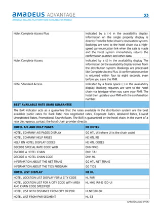 33ADVANTAGE
GPROT05/JAN14/VER7
Hotel Complete Access Plus Indicated by a (+) in the avaialbility display.
Information on the single property display is
directly from the hotel chain’s reservation system.
Bookings are sent to the hotel chain via a high-
speed communication link when the sale is made
and the hotel system immediately returns the
conﬁrmation number and other data.
Hotel Complete Access Indicated by a (/) in the availability display The
information on the availability display comes from
the distribution system. Bookings are processed
like Complete Access Plus. A conﬁrmation number
is returned within four to eight seconds, even
before you save the PNR.
Hotel Standard Access Indicated by a blank space ( ) in the availability
display. Booking requests are sent to the hotel
chain via teletype when you save your PNR. The
hotel then updates your PNR with the conﬁrmation
number.
BEST AVAILABLE RATE (BAR) GUARANTEE
The BAR indicator acts as a guarantee that the rates available in the distribution system are the best
available public rates for Rack Rate, Non negotiated rates, Corporate Rates, Weekend Rates, Lowest
Unrestricted Rates, Promotional Search Rates. The BAR is guaranteed by the hotel chain. In the event of a
rate discrepancy, contact the hotel chain provider directly.
HOTEL AIS AND HELP PAGES HE HOTEL
HOTEL COMPANY AIS PAGES DISPLAY GG HTL UI (where UI is the chain code)
HOTEL COMPANY HELP PAGES HE HTL RD
HELP ON HOTEL DISPLAY CODES HE HTL CODES
DECODE SPECIAL RATE CODE WKD DNN WKD
ENCODE A HOTEL CHAIN DNH TAJ
DECODE A HOTEL CHAIN CODE DNH HL
INFORMATION ABOUT THE NET TRANS GG HTL NET TRANS
INFORMATION ABOUT THE TIDS PROGRAM GG TIDS
HOTEL LIST DISPLAY HE HL
HOTEL LOCATION LIST DISPLAY FOR A CITY CODE HL PAR
HOTEL LOCATION LIST FOR A CITY CODE WITH AREA
AND CHAIN CODE SPECIFIED
HL HKG /AR-D /CO-UI
HOTEL LIST WITH DISTANCE FROM CITY OR POR HLNCE/DI-8K
HOTEL LIST FROM PNR SEGMENT HL S3
AMADEUS SELLING PLATFORM NOW AVAILABLE ON MOBILE
 
