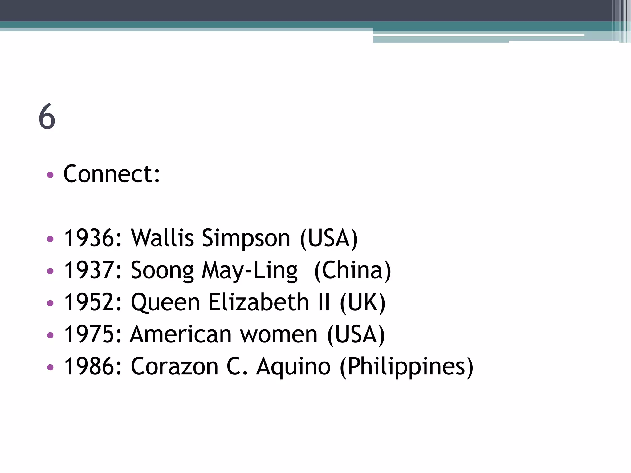 6
• Connect:
•
•
•
•
•

1936: Wallis Simpson (USA)
1937: Soong May-Ling (China)
1952: Queen Elizabeth II (UK)
1975: American women (USA)
1986: Corazon C. Aquino (Philippines)

 