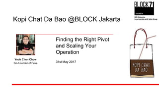 Kopi Chat Da Bao @BLOCK Jakarta
Finding the Right Pivot
and Scaling Your
Operation
Yeoh Chen Chow
Co-Founder of Fave 31st May 2017
 