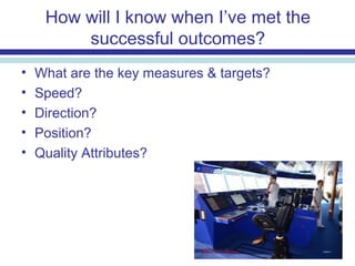 How will I know when I’ve met the
successful outcomes?
• What are the key measures & targets?
• Speed?
• Direction?
• Position?
• Quality Attributes?
 