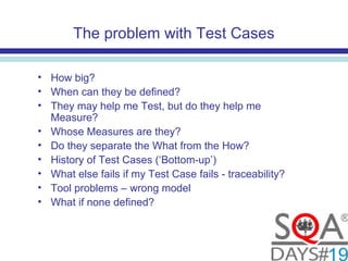 The problem with Test Cases
• How big?
• When can they be defined?
• They may help me Test, but do they help me
Measure?
• Whose Measures are they?
• Do they separate the What from the How?
• History of Test Cases (‘Bottom-up’)
• What else fails if my Test Case fails - traceability?
• Tool problems – wrong model
• What if none defined?
 