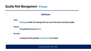 Quality Risk Management - Process
Definitions
– Harm:
Damage to health; the damage that can occur from loss of product quality.
– Hazard:
The potential source of harm.
– Severity:
A measure of the possible consequence of a hazard.
Fouad Serag El. Dein, MSc
 