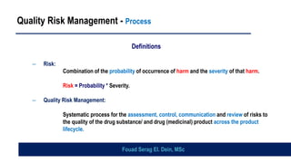 Quality Risk Management - Process
Definitions
– Risk:
Combination of the probability of occurrence of harm and the severity of that harm.
Risk = Probability * Severity.
– Quality Risk Management:
Systematic process for the assessment, control, communication and review of risks to
the quality of the drug substance/ and drug (medicinal) product across the product
lifecycle.
Fouad Serag El. Dein, MSc
 