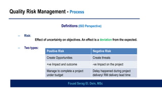 Quality Risk Management - Process
Definitions (ISO Perspective)
– Risk:
Effect of uncertainty on objectives. An effect is a deviation from the expected.
– Two types:
Positive Risk Negative Risk
Create Opportunities Create threats
+ve Impact and outcome -ve Impact on the project
Manage to complete a project
under budget
Delay happened during project
delivery/ RM delivery lead time
Fouad Serag El. Dein, MSc
 
