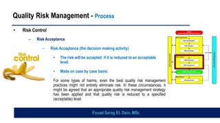 Quality Risk Management - Process
• Risk Control
– Risk Acceptance
– Risk Acceptance (the decision making activity)
• The risk will be accepted if it is reduced to an acceptable
level.
• Made on case by case basis:
For some types of harms, even the best quality risk management
practices might not entirely eliminate risk. In these circumstances, it
might be agreed that an appropriate quality risk management strategy
has been applied and that quality risk is reduced to a specified
(acceptable) level.
Risk Review
Risk
Communication
Risk Assessment
Risk Evaluation
unacceptable
Risk Control
Risk Analysis
Risk Reduction
Risk Identification
Review Events
Risk Acceptance
Initiate
Quality Risk Management Process
Output / Result of the
Quality Risk Management Process
Risk
Management
tools
Risk Review
Risk
Communication
Risk Assessment
Risk Evaluation
unacceptable
Risk Control
Risk Analysis
Risk Reduction
Risk Identification
Review Events
Risk Acceptance
Initiate
Quality Risk Management Process
Output / Result of the
Quality Risk Management Process
Risk
Management
tools
Fouad Serag El. Dein, MSc
 