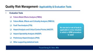 Quality Risk Management- Applicability & Evaluation Tools
• Evaluation Tools
❑ Failure Mode Effects Analysis (FMEA)
❑ Failure Mode, Effects and Criticality Analysis (FMECA)
❑ Fault Tree Analysis (FTA)
❑ Hazard Analysis and Critical Control Points (HACCP)
❑ Hazard Operability Analysis (HAZOP)
❑ Preliminary Hazard Analysis (PHA)
❑ Other supporting statistical tools
No one tool or set of tools is
applicable to every situation
in which a QRM procedure
is used
Fouad Serag El. Dein, MSc
 