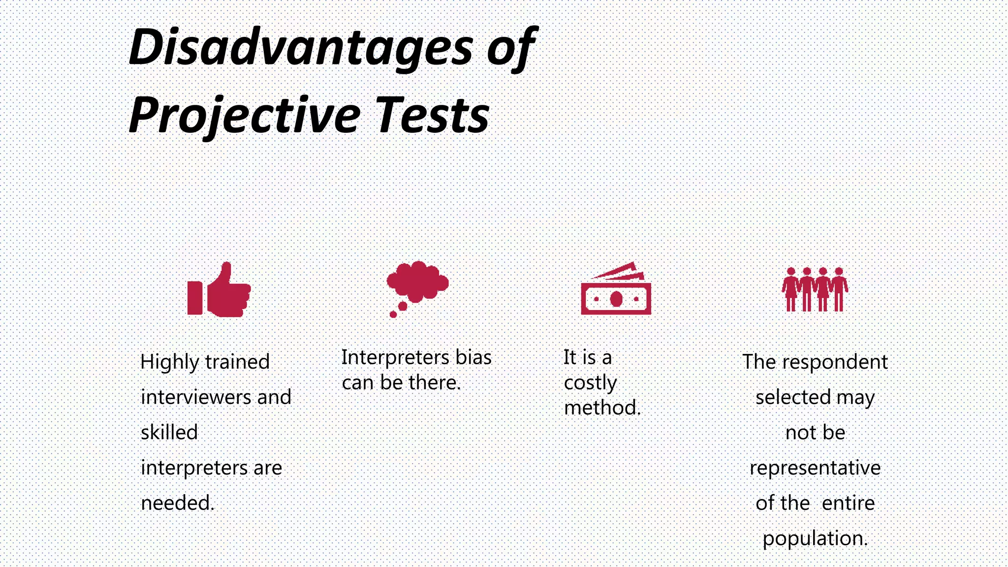 Disadvantages of
Projective Tests
Highly trained
interviewers and
skilled
interpreters are
needed.
Interpreters bias
can be there.
It is a
costly
method.
The respondent
selected may
not be
representative
of the entire
population.
 