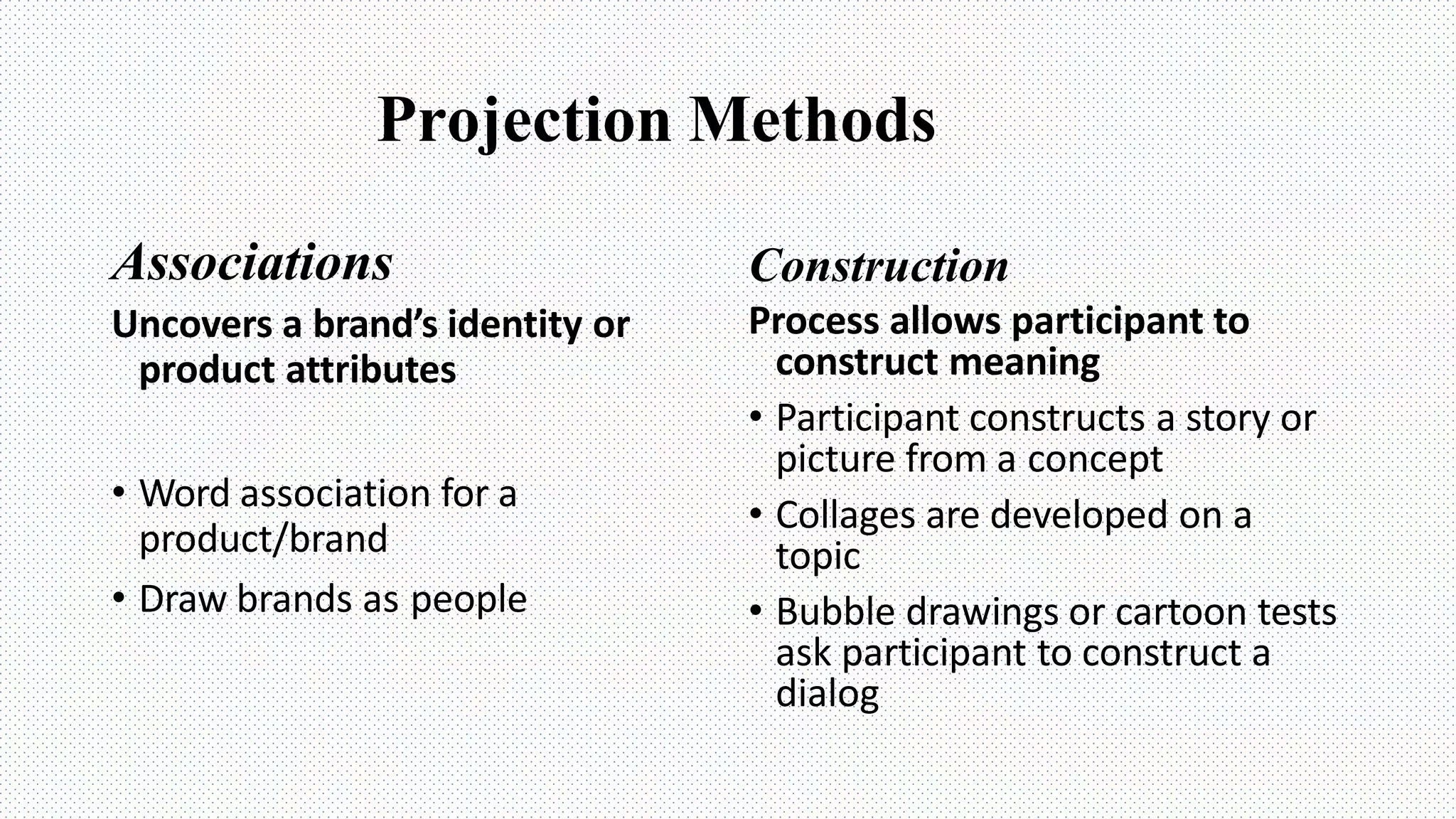 Projection Methods
Associations
Uncovers a brand’s identity or
product attributes
• Word association for a
product/brand
• Draw brands as people
Construction
Process allows participant to
construct meaning
• Participant constructs a story or
picture from a concept
• Collages are developed on a
topic
• Bubble drawings or cartoon tests
ask participant to construct a
dialog
 