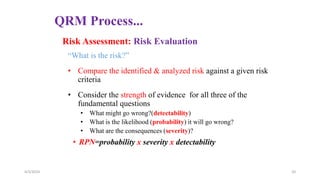 QRM Process...
“What is the risk?”
• Compare the identified & analyzed risk against a given risk
criteria
• Consider the strength of evidence for all three of the
fundamental questions
• What might go wrong?(detectability)
• What is the likelihood (probability) it will go wrong?
• What are the consequences (severity)?
• RPN=probability x severity x detectability
Risk Assessment: Risk Evaluation
4/3/2024 20
 
